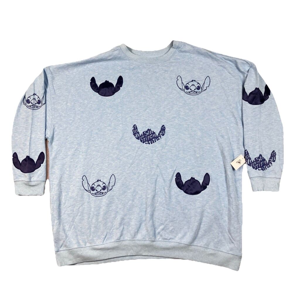 Disney Lilo & Stitch Sweatshirt Womens 2X Blue All Over Print Crewneck Pullover